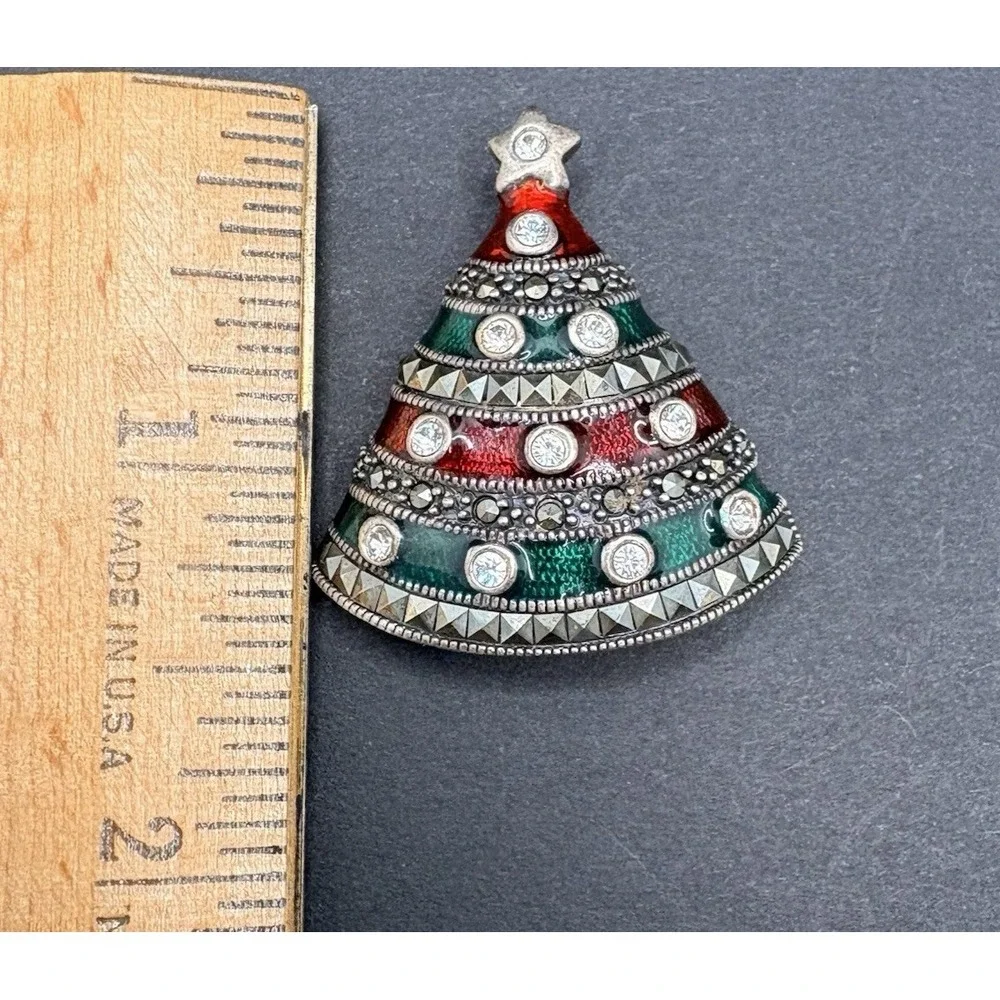 Vintage Christmas Tree Brooch 925 Sterling Red & Green Enamel Marcasite Crystal